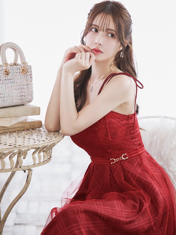 画像24: Lサイズあり【DEA./ディア】チュールチェック/ ベルトデザイン/ キャミ/ フレア/ ミモレ丈/ ミディアムドレス/ キャバドレス[OF08] (24)