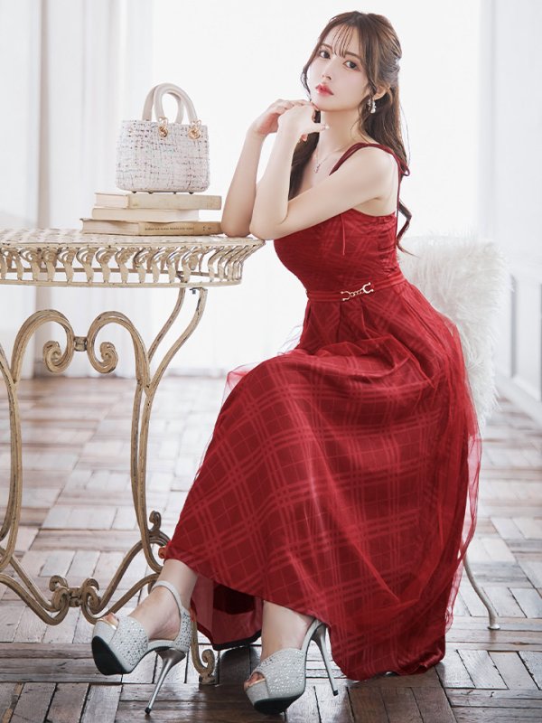 画像26: Lサイズあり【DEA./ディア】チュールチェック/ ベルトデザイン/ キャミ/ フレア/ ミモレ丈/ ミディアムドレス/ キャバドレス[OF08] (26)