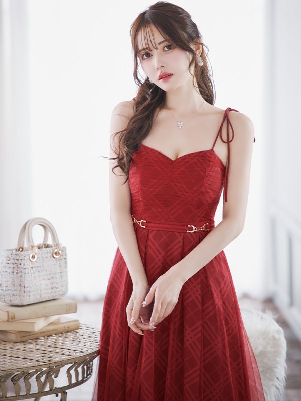 画像27: Lサイズあり【DEA./ディア】チュールチェック/ ベルトデザイン/ キャミ/ フレア/ ミモレ丈/ ミディアムドレス/ キャバドレス[OF08] (27)