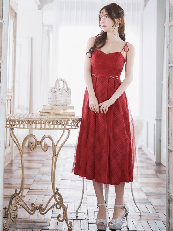 画像28: Lサイズあり【DEA./ディア】チュールチェック/ ベルトデザイン/ キャミ/ フレア/ ミモレ丈/ ミディアムドレス/ キャバドレス[OF08] (28)