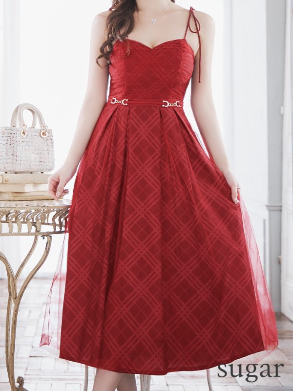 画像30: Lサイズあり【DEA./ディア】チュールチェック/ ベルトデザイン/ キャミ/ フレア/ ミモレ丈/ ミディアムドレス/ キャバドレス[OF08] (30)