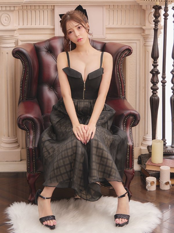 画像4: Lサイズあり【DEA./ディア】ボリューム / チェック/ ツイード/ フレア/ ワンピース/ ロングドレス/ キャバドレス long[OF08] (4)