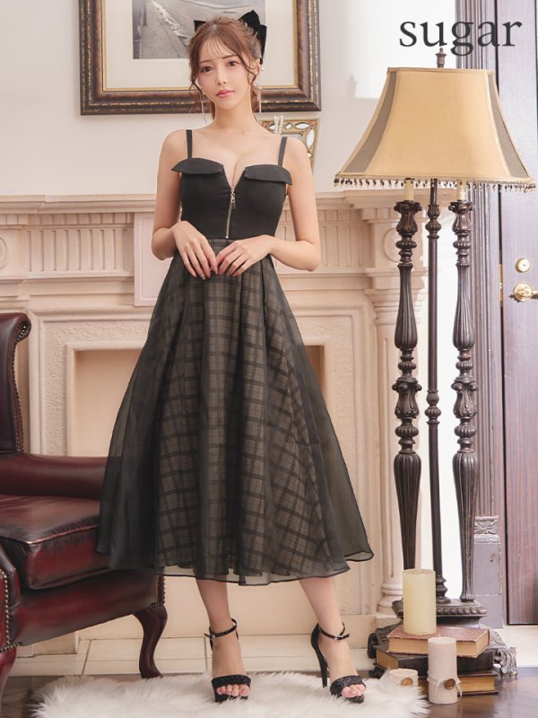 画像7: Lサイズあり【DEA./ディア】ボリューム / チェック/ ツイード/ フレア/ ワンピース/ ロングドレス/ キャバドレス long[OF08] (7)