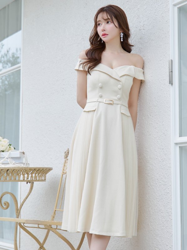 画像13: Lサイズあり【DEA./ディア】ダブルボタン/ サイドチュール/ オフショル/ ノースリーブ/ フレア/ ミディアムドレス/ キャバドレス[OF08] (13)