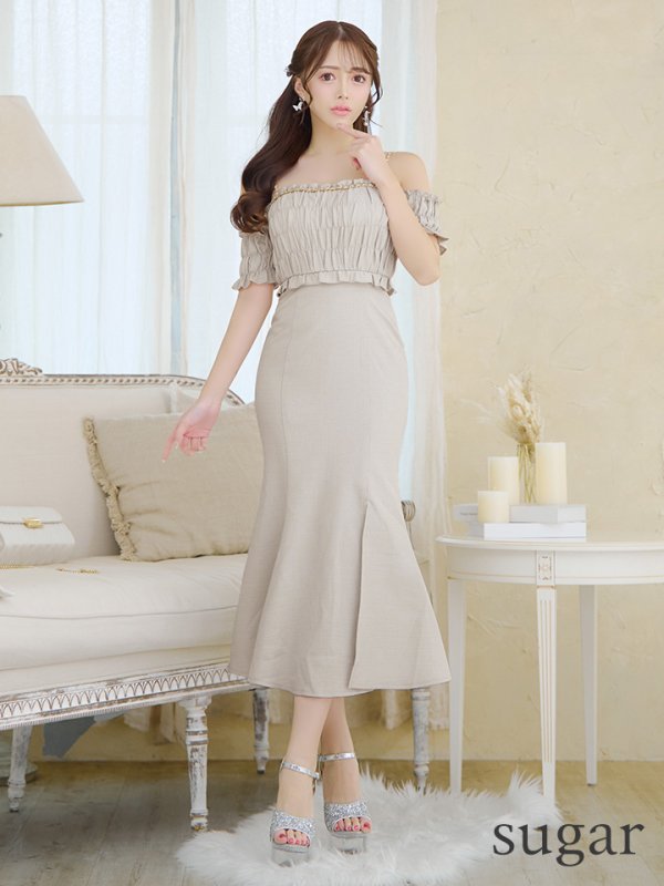 画像7: Lサイズあり【DEA./ディア】トップギャザー/ オフショル/ ラメ/ ワンカラー/ フレア/ ワンピース/ ロングドレス/ キャバドレス long[OF08] (7)