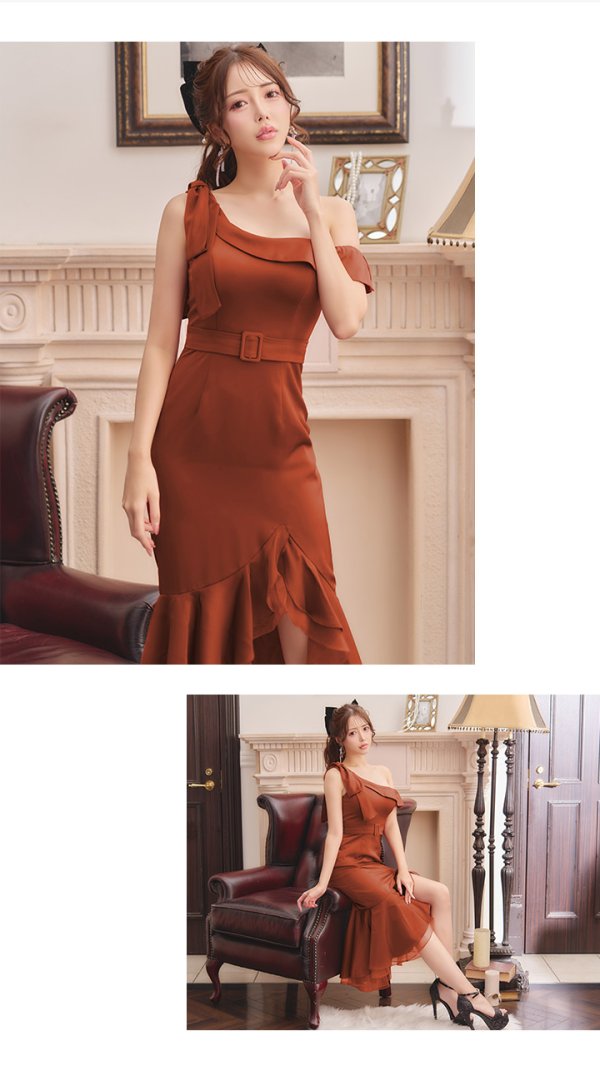 画像33: Lサイズあり【DEA./ディア】リボンワンショルダー/ サテン/ マーメイド/ ミディアムドレス/ キャバドレス[OF08] (33)