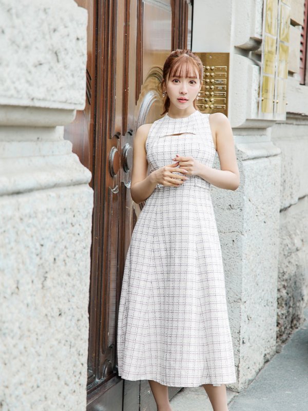 画像2: Lサイズあり【DEA./ディア】ノースリーブ/ バストカット/ ツイード/ フレア/ ミモレ丈/ ミディアムドレス/ キャバドレス[OF08] (2)