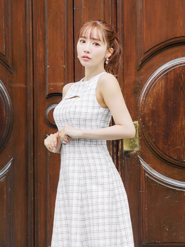 画像3: Lサイズあり【DEA./ディア】ノースリーブ/ バストカット/ ツイード/ フレア/ ミモレ丈/ ミディアムドレス/ キャバドレス[OF08] (3)