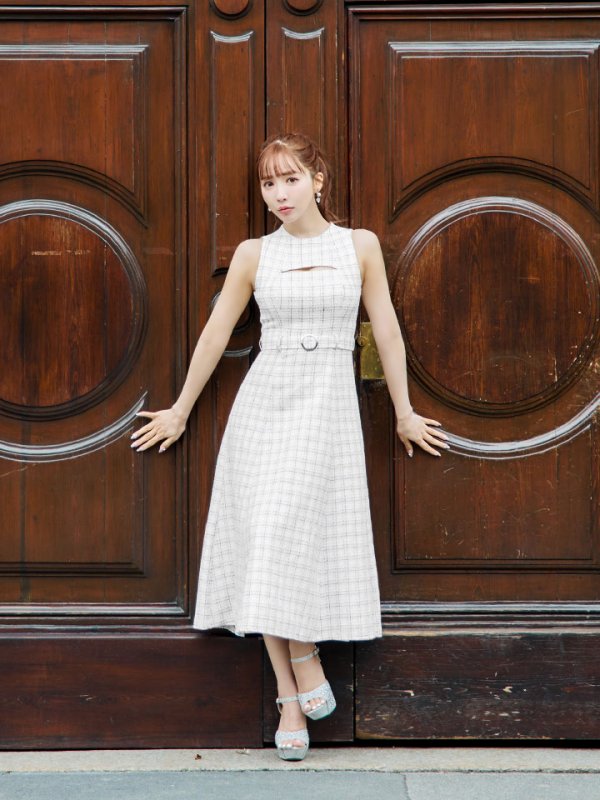 画像6: Lサイズあり【DEA./ディア】ノースリーブ/ バストカット/ ツイード/ フレア/ ミモレ丈/ ミディアムドレス/ キャバドレス[OF08] (6)