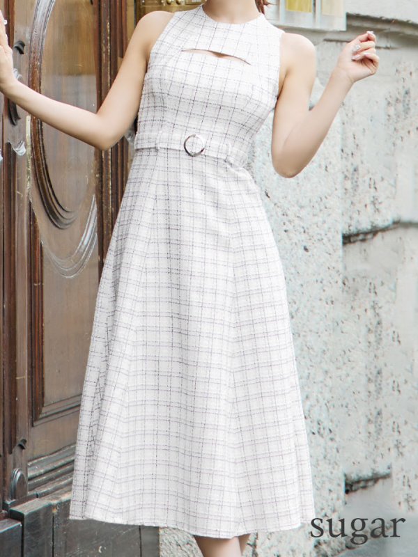 画像8: Lサイズあり【DEA./ディア】ノースリーブ/ バストカット/ ツイード/ フレア/ ミモレ丈/ ミディアムドレス/ キャバドレス[OF08] (8)