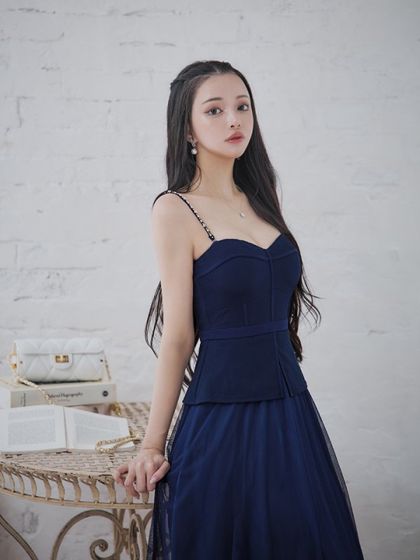 画像2: Lサイズあり【DEA./ディア】ペプラム/ ロングチュール/ キャミ/ フレア/ ミモレ丈/ ミディアムドレス/ キャバドレス[OF08] (2)