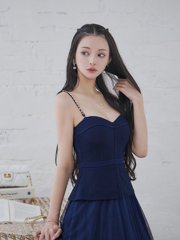 画像3: Lサイズあり【DEA./ディア】ペプラム/ ロングチュール/ キャミ/ フレア/ ミモレ丈/ ミディアムドレス/ キャバドレス[OF08] (3)