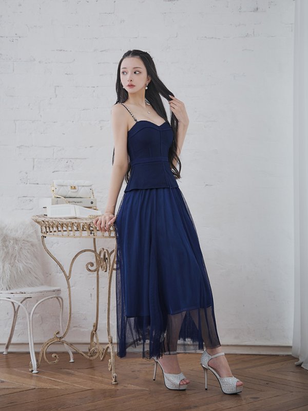 画像4: Lサイズあり【DEA./ディア】ペプラム/ ロングチュール/ キャミ/ フレア/ ミモレ丈/ ミディアムドレス/ キャバドレス[OF08] (4)