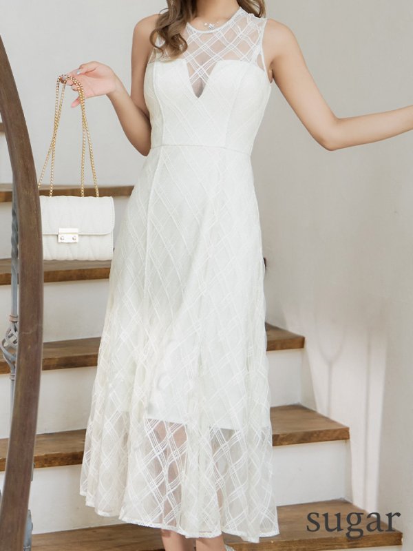 画像12: Lサイズあり【DEA./ディア】ノースリーブ/ シースルー/ チェック/ レデイサマー/ フレア/ Aライン/ ミディアムドレス/ キャバドレス[OF08] (12)