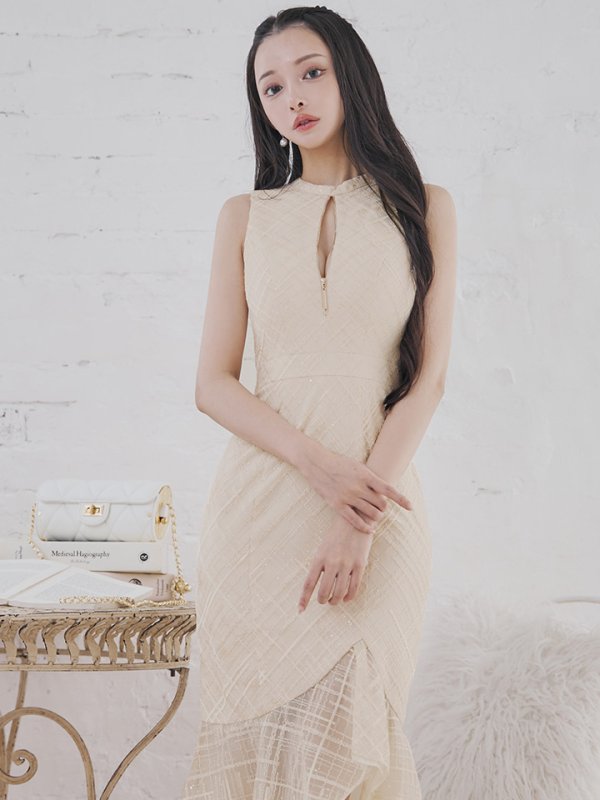 画像6: Lサイズあり【DEA./ディア】マーメイド/ バストジップ/ チェック/ オーガンジー/ ノースリーブ/ ワンピース/ ロングドレス/ キャバドレス long[OF08] (6)