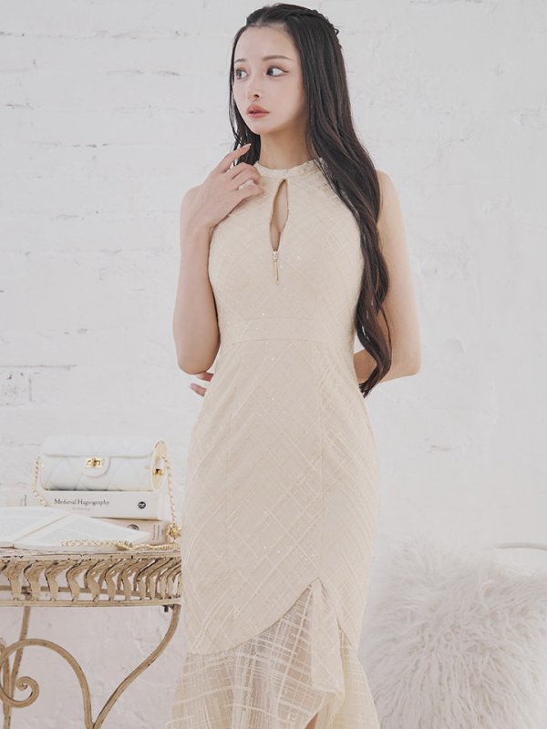 画像7: Lサイズあり【DEA./ディア】マーメイド/ バストジップ/ チェック/ オーガンジー/ ノースリーブ/ ワンピース/ ロングドレス/ キャバドレス long[OF08] (7)