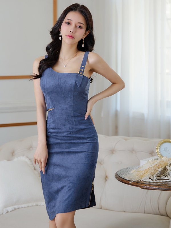 画像15: XSサイズあり【DEA./ディア】ウエストスリット/ スエード/ タイト/ ミディアム丈/ ワンピース/ キャバドレス[OF08] (15)