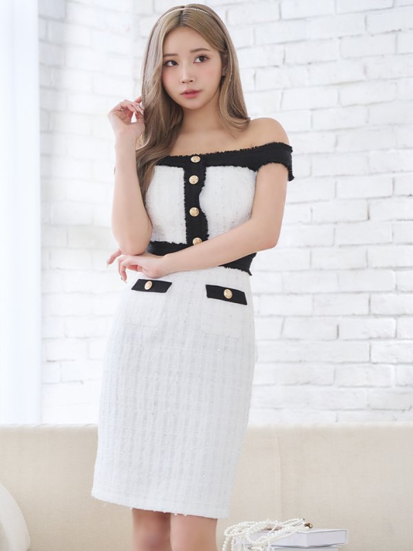 画像2: 【DEA./ディア】オフショル/ ゴールドボタン/ ツイード/ チェック/ バイカラー/ タイト/ ミニドレス/ キャバドレス[OF08] (2)