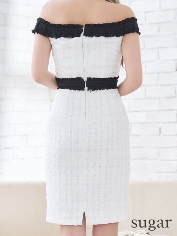 画像9: 【DEA./ディア】オフショル/ ゴールドボタン/ ツイード/ チェック/ バイカラー/ タイト/ ミニドレス/ キャバドレス[OF08] (9)