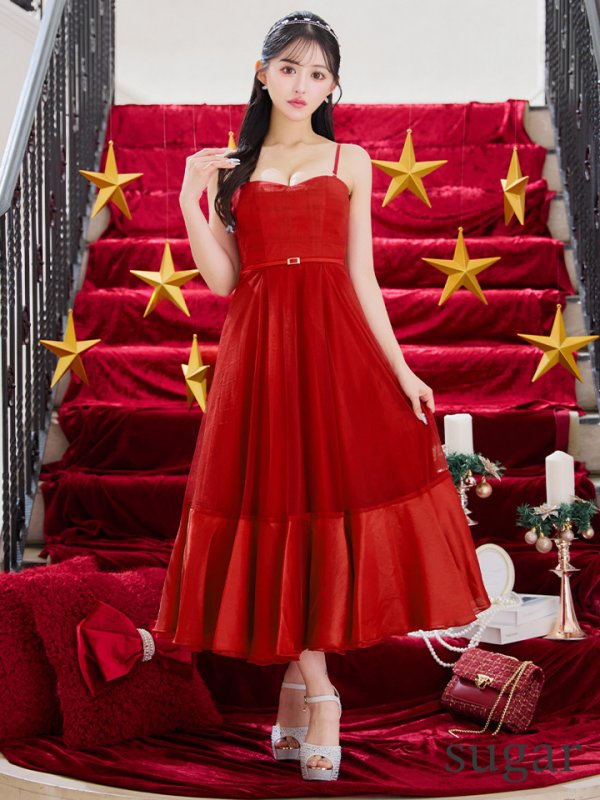 画像16: Lサイズあり【DEA./ディア】シフォン/ キャミ/ ベルトデザイン/ フレア/ ミモレ丈/ ミディアムドレス/ キャバドレス[OF08] (16)