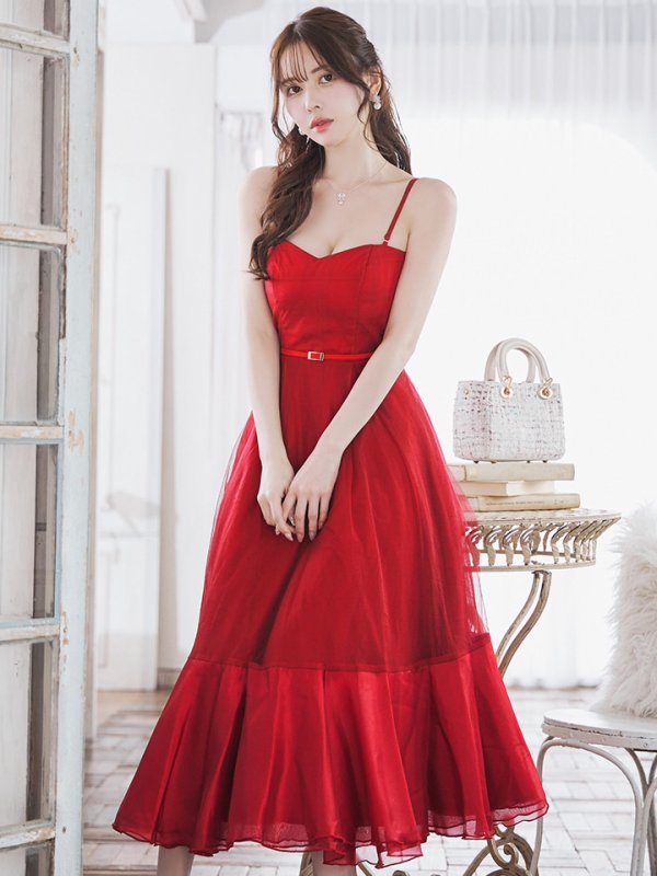 画像24: Lサイズあり【DEA./ディア】シフォン/ キャミ/ ベルトデザイン/ フレア/ ミモレ丈/ ミディアムドレス/ キャバドレス[OF08] (24)