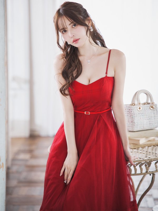 画像25: Lサイズあり【DEA./ディア】シフォン/ キャミ/ ベルトデザイン/ フレア/ ミモレ丈/ ミディアムドレス/ キャバドレス[OF08] (25)