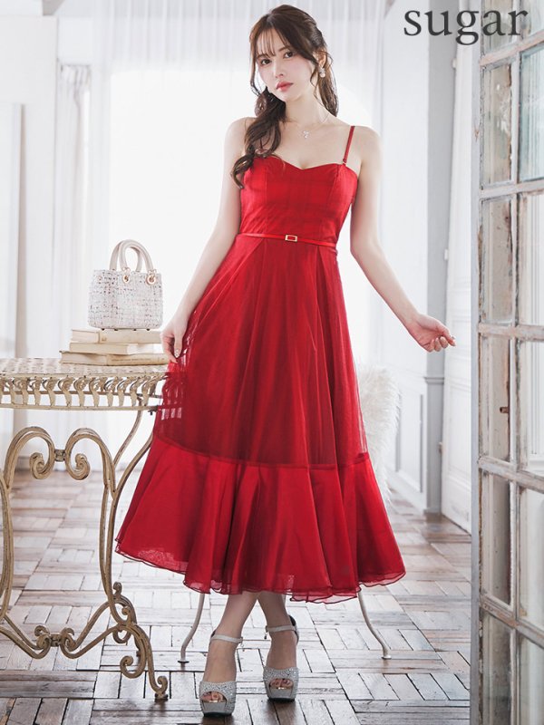 画像27: Lサイズあり【DEA./ディア】シフォン/ キャミ/ ベルトデザイン/ フレア/ ミモレ丈/ ミディアムドレス/ キャバドレス[OF08] (27)