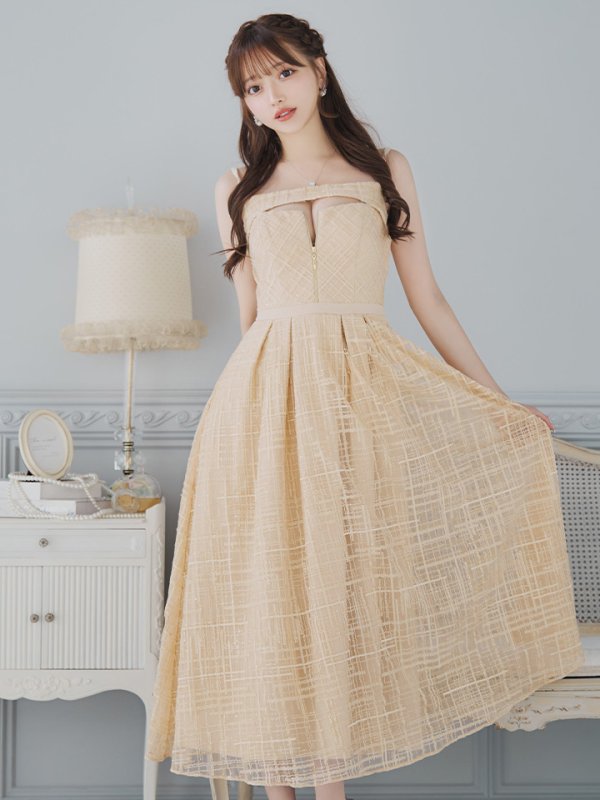 画像2: Lサイズあり【DEA./ディア】デコルテジップ/ チェック/ レース/ フレア/ ミモレ丈/ ミディアムドレス/ キャバドレス[OF08] (2)