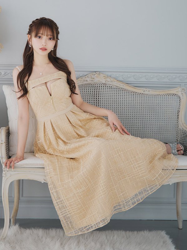 画像5: Lサイズあり【DEA./ディア】デコルテジップ/ チェック/ レース/ フレア/ ミモレ丈/ ミディアムドレス/ キャバドレス[OF08] (5)