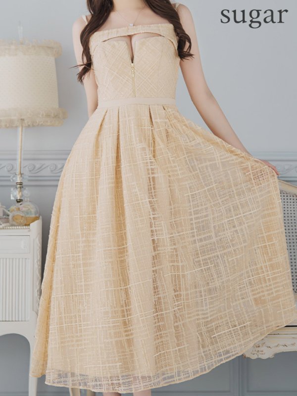 画像8: Lサイズあり【DEA./ディア】デコルテジップ/ チェック/ レース/ フレア/ ミモレ丈/ ミディアムドレス/ キャバドレス[OF08] (8)