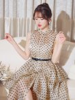 画像14: XS-Lサイズあり【ROBE de FLEURS/ローブドフルール】ベルト付き/ ドットオーガンジー/ ティアード/ フレア/ ミディアムドレス/ キャバドレス[OF2] (14)