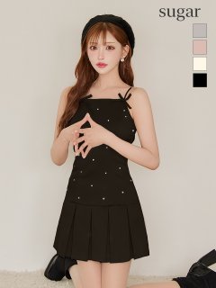 【ROBE de FLEURS/ローブドフルール】サテン/ ビジュー/ リボン/ ボックスプリーツ/ フレア/ キャミソール/ミニドレス/ キャバドレス