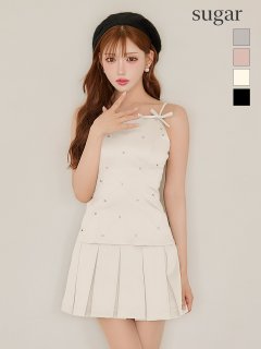 【ROBE de FLEURS/ローブドフルール】サテン/ ビジュー/ リボン/ ボックスプリーツ/ フレア/ キャミソール/ミニドレス/ キャバドレス