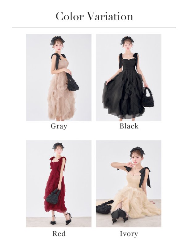 画像33: Lサイズあり【ROBE de FLEURS/ローブドフルール】ボリュームチュール/ ショルダーリボン/ フレア/ ミディアムドレス/ キャバドレス[OF08]【一部予約商品/2月下旬発送予定】 (33)