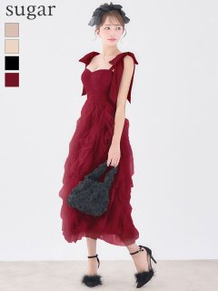 【ROBE de FLEURS/ローブドフルール】ボリュームチュール/ ショルダーリボン/ フレア/ ミディアムドレス/ キャバドレス