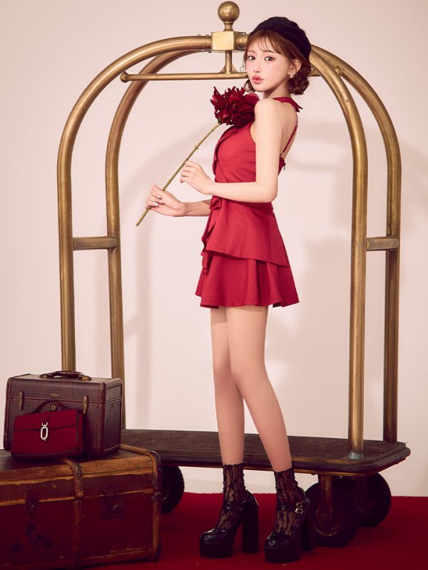 画像2: XSサイズあり【ROBE de FLEURS/ローブドフルール】フロントラッフル/ ホルター/ フレア/ セットアップ/ ミニドレス/ キャバドレス[OF08] (2)