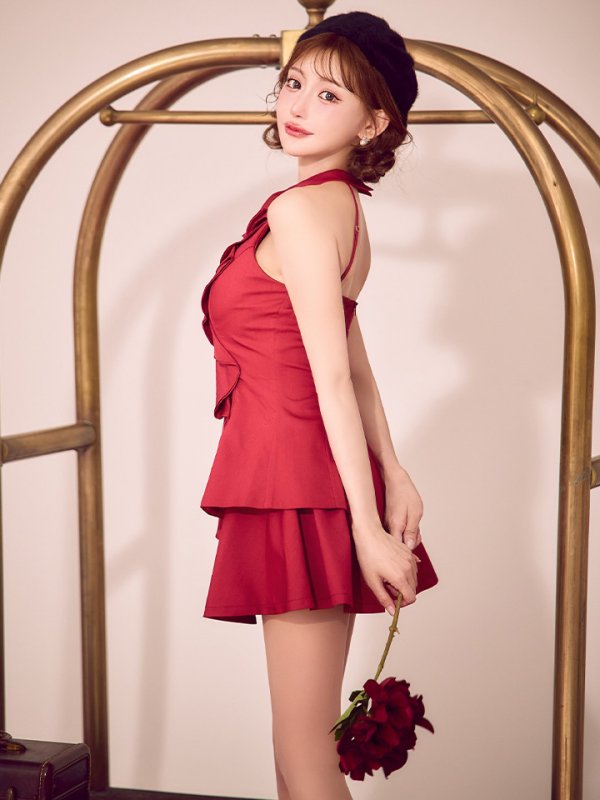 画像3: XSサイズあり【ROBE de FLEURS/ローブドフルール】フロントラッフル/ ホルター/ フレア/ セットアップ/ ミニドレス/ キャバドレス[OF08] (3)