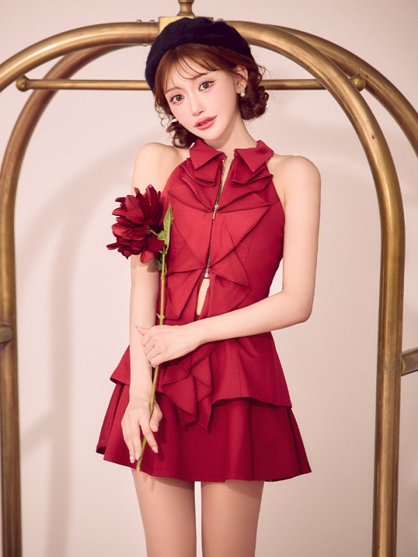 画像4: XSサイズあり【ROBE de FLEURS/ローブドフルール】フロントラッフル/ ホルター/ フレア/ セットアップ/ ミニドレス/ キャバドレス[OF08] (4)