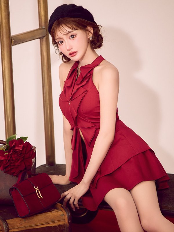 画像8: XSサイズあり【ROBE de FLEURS/ローブドフルール】フロントラッフル/ ホルター/ フレア/ セットアップ/ ミニドレス/ キャバドレス[OF08] (8)