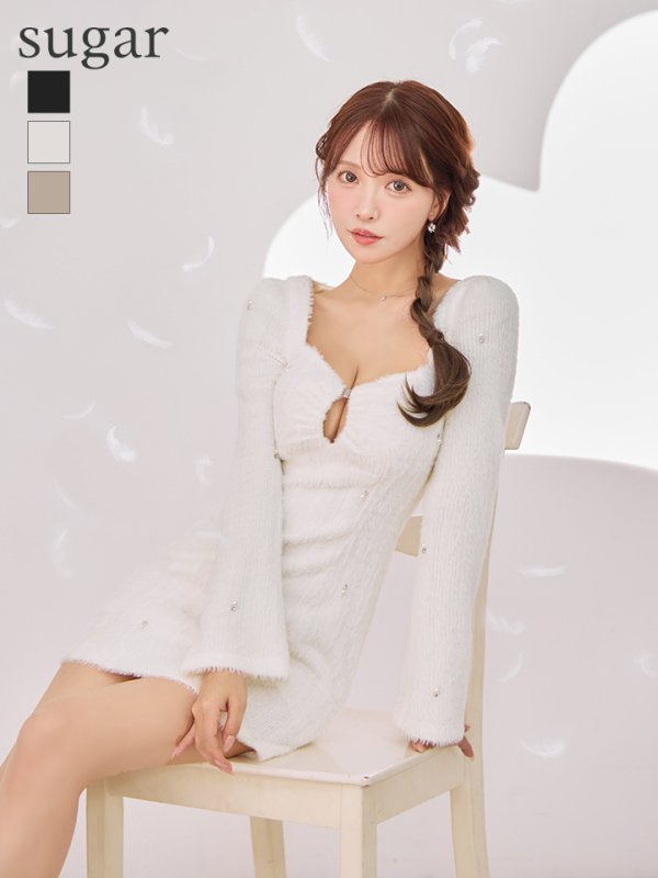 【ROBE de FLEURS/ローブドフルール】フェザーニット/ パール付き/ ロングスリーブ/ タイト/ ミニドレス/ キャバドレス