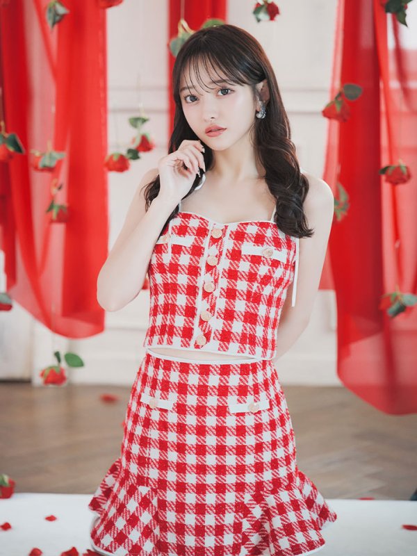 画像2: ROBE de FLEURS × sugar【XSサイズあり】【ROBE de FLEURS/ローブドフルール】メリーチェック/ キャミソール/ ツイード/ セットアップ/ ミニドレス/ キャバドレス[OF08] (2)