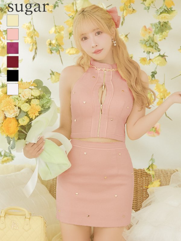【ROBE de FLEURS/ローブドフルール】ハートスタッズ/ バストジップ/ セットアップ/ タイト/ ミニドレス/ キャバドレス