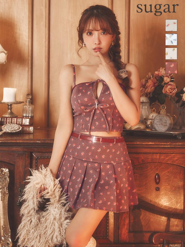 【ROBE de FLEURS/ローブドフルール】小花柄/ レザーパイピング/ プリーツ/ セットアップ/ フレア/ ミニドレス/ キャバドレス