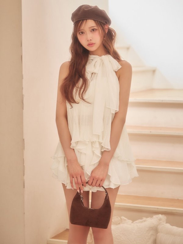 画像6: 【予約商品/9月下旬発送予定】【ここ/関西コレクション着用】XSサイズあり【ROBE de FLEURS/ローブドフルール】リボン/ ホルター/ プリーツシフォン/ セットアップ/ ミニドレス/ キャバドレス[OF08] (6)