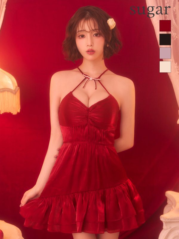 【ROBE de FLEURS/ローブドフルール】 ホルターネック/ リボン/ ビジュー/ シアー/ サテン/ 二段フリル/ ティアード/ フレア/ シフォン/ サテン/ フリル/ ミニドレス/ キャバドレス