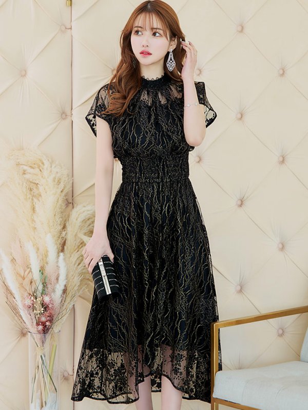 画像25: 【AMORA GRACE / アモーラグレース】 オケージョンドレス/ パーティードレス/ お呼ばれドレス/ 半袖/ 袖あり/ 総レース/ ハイネック/ タック/ ミディアム丈/ 膝丈/ ワンピース/ キャバドレス[OF05] (25)