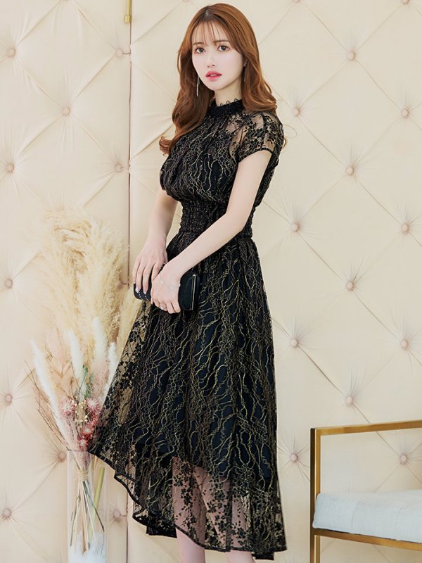 画像27: 【AMORA GRACE / アモーラグレース】 オケージョンドレス/ パーティードレス/ お呼ばれドレス/ 半袖/ 袖あり/ 総レース/ ハイネック/ タック/ ミディアム丈/ 膝丈/ ワンピース/ キャバドレス[OF05] (27)