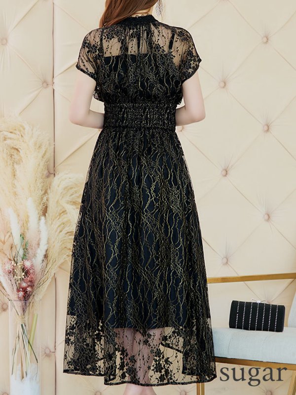 画像31: 【AMORA GRACE / アモーラグレース】 オケージョンドレス/ パーティードレス/ お呼ばれドレス/ 半袖/ 袖あり/ 総レース/ ハイネック/ タック/ ミディアム丈/ 膝丈/ ワンピース/ キャバドレス[OF05] (31)