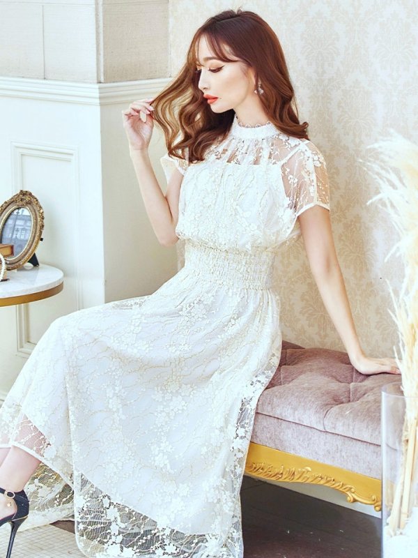 画像42: 【AMORA GRACE / アモーラグレース】 オケージョンドレス/ パーティードレス/ お呼ばれドレス/ 半袖/ 袖あり/ 総レース/ ハイネック/ タック/ ミディアム丈/ 膝丈/ ワンピース/ キャバドレス[OF05] (42)