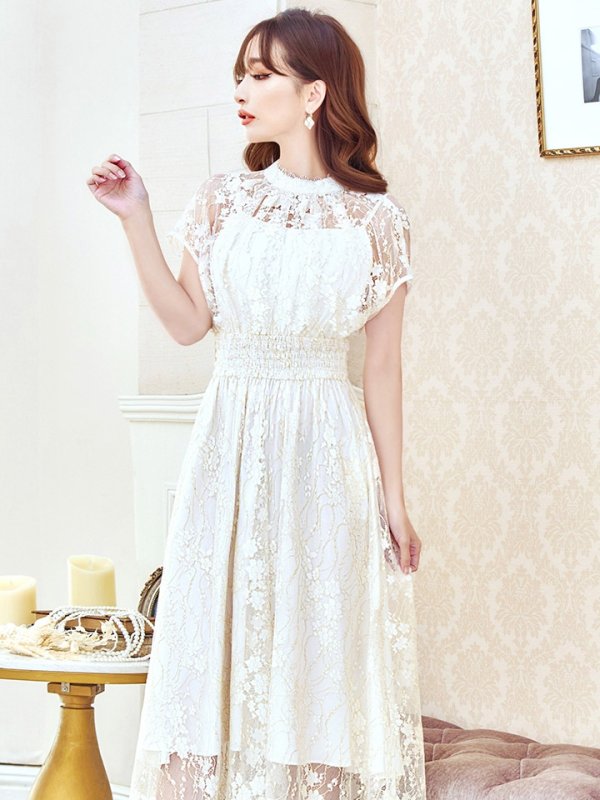 画像43: 【AMORA GRACE / アモーラグレース】 オケージョンドレス/ パーティードレス/ お呼ばれドレス/ 半袖/ 袖あり/ 総レース/ ハイネック/ タック/ ミディアム丈/ 膝丈/ ワンピース/ キャバドレス[OF05] (43)